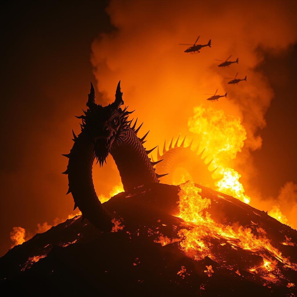 A Chinese dragon adorned with long spikes along its entire body, emerging from a fiery hill at night