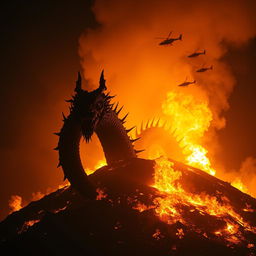 A Chinese dragon adorned with long spikes along its entire body, emerging from a fiery hill at night