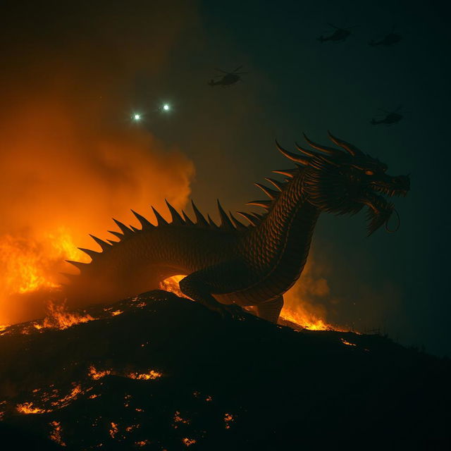 A Chinese dragon adorned with long spikes along its entire body, emerging from a fiery hill at night