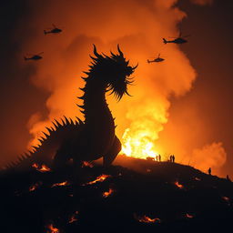 A Chinese dragon adorned with long spikes along its entire body, emerging from a fiery hill at night