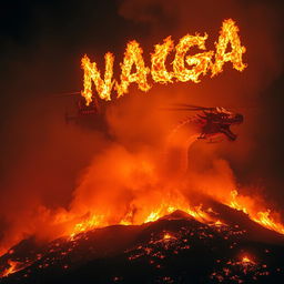 A Chinese dragon partially emerging from a hill raging with fire, its form shrouded in smoke, making it very hard to see