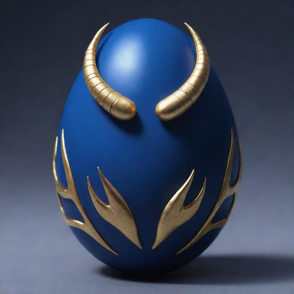 An anime-style illustration of a dark blue egg adorned with golden horns. The egg has a dark blue scorpion tail curling out from it, hinting at hidden power and danger.