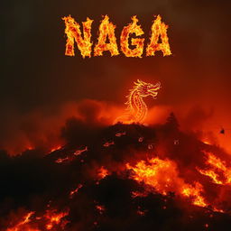 A Chinese dragon partially emerging from a hill engulfed in raging fire, its form obscured and very hard to see amidst the bright flames and swirling smoke