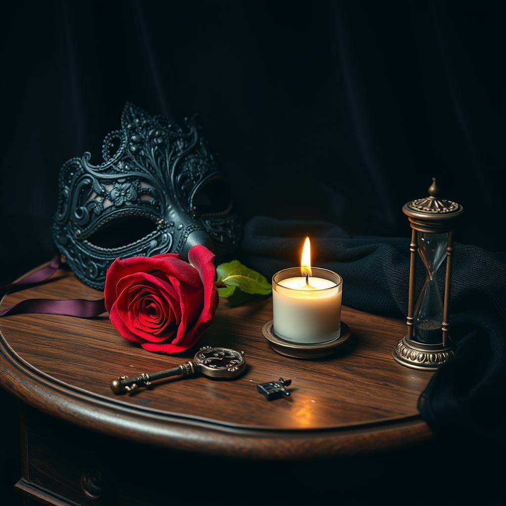 A collection of evocative objects that symbolize dark romance, arranged artistically on a vintage wooden table