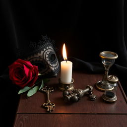 A collection of evocative objects that symbolize dark romance, arranged artistically on a vintage wooden table