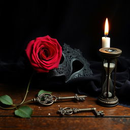 A collection of evocative objects that symbolize dark romance, arranged artistically on a vintage wooden table