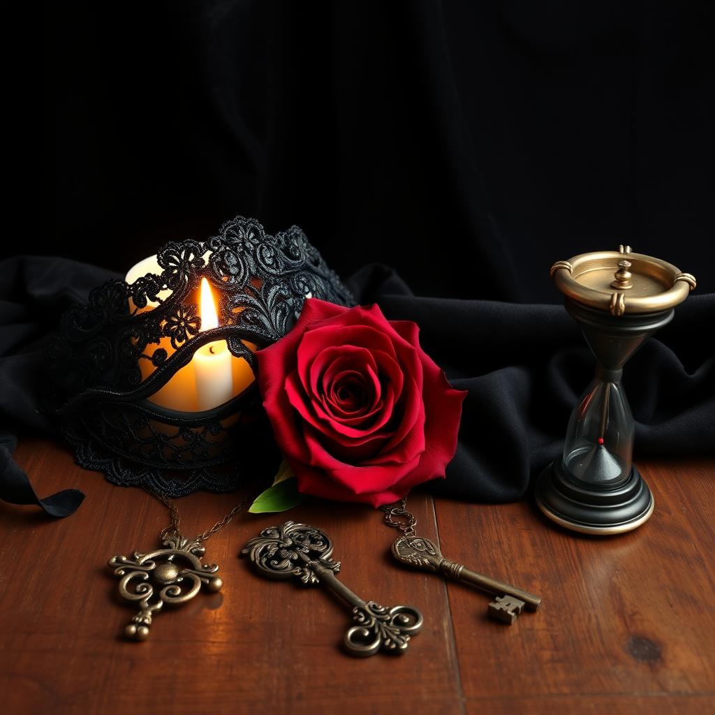 A collection of evocative objects that symbolize dark romance, arranged artistically on a vintage wooden table