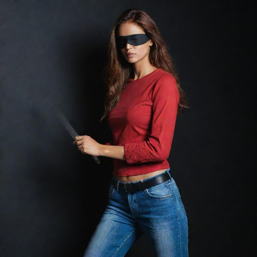 Reframe to showcase a striking side-profile of the fair-skinned Indian girl with reddish-brown hair, her black eyepatch only covering her left eye. She's donned in a red, full-sleeved t-shirt and jeans, wielding a sword against the intensifying darkness.