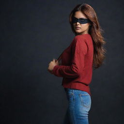 Reframe to showcase a striking side-profile of the fair-skinned Indian girl with reddish-brown hair, her black eyepatch only covering her left eye. She's donned in a red, full-sleeved t-shirt and jeans, wielding a sword against the intensifying darkness.