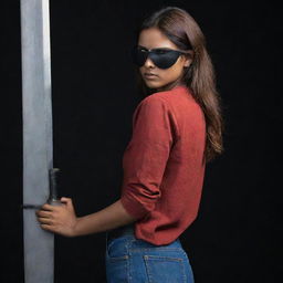 Reframe to showcase a striking side-profile of the fair-skinned Indian girl with reddish-brown hair, her black eyepatch only covering her left eye. She's donned in a red, full-sleeved t-shirt and jeans, wielding a sword against the intensifying darkness.