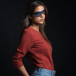 Reframe to showcase a striking side-profile of the fair-skinned Indian girl with reddish-brown hair, her black eyepatch only covering her left eye. She's donned in a red, full-sleeved t-shirt and jeans, wielding a sword against the intensifying darkness.