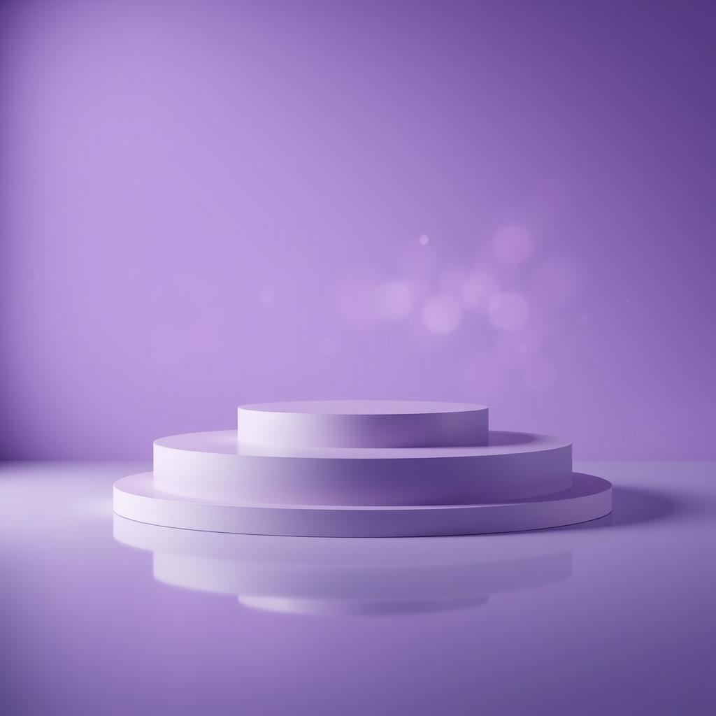 A modern, minimalist stage setup featuring a round, tiered platform at the center, composed of two circular layers—one larger than the other—in soft lavender and deep purple tones