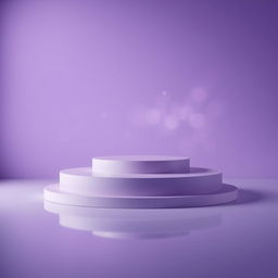 A modern, minimalist stage setup featuring a round, tiered platform at the center, composed of two circular layers—one larger than the other—in soft lavender and deep purple tones