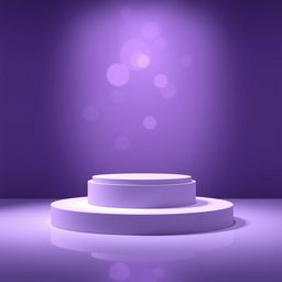 A modern, minimalist stage setup featuring a round, tiered platform at the center, composed of two circular layers—one larger than the other—in soft lavender and deep purple tones