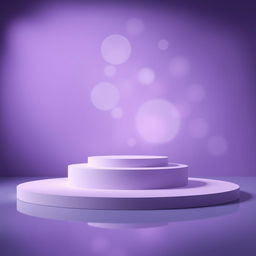 A modern, minimalist stage setup featuring a round, tiered platform at the center, composed of two circular layers—one larger than the other—in soft lavender and deep purple tones