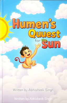 A colorful cover illustration featuring a young Hanuman, a small monkey with large, expressive eyes, joyfully sitting atop a fluffy white cloud