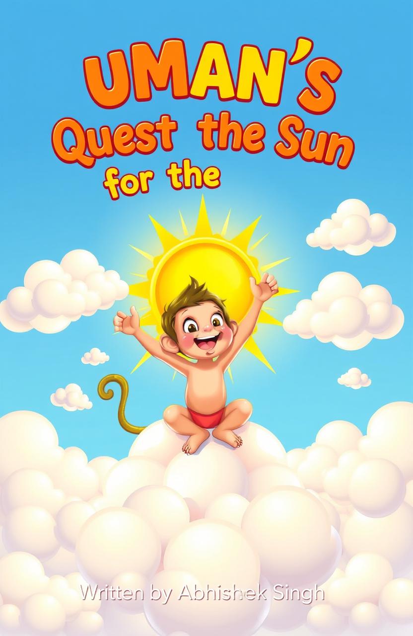 A colorful cover illustration featuring a young Hanuman, a small monkey with large, expressive eyes, joyfully sitting atop a fluffy white cloud