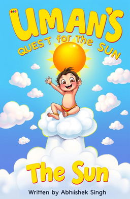 A colorful cover illustration featuring a young Hanuman, a small monkey with large, expressive eyes, joyfully sitting atop a fluffy white cloud