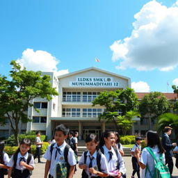 An inspirational and modern view of LDKS SMK Muhammadiyah 12 Jakarta, showcasing the school building's architecture, lush green surroundings, and vibrant student activities