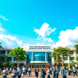 An inspirational and modern view of LDKS SMK Muhammadiyah 12 Jakarta, showcasing the school building's architecture, lush green surroundings, and vibrant student activities