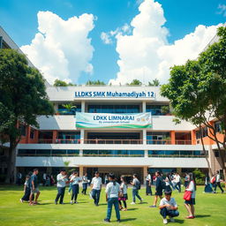 An inspirational and modern view of LDKS SMK Muhammadiyah 12 Jakarta, showcasing the school building's architecture, lush green surroundings, and vibrant student activities