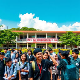 An inspirational and modern view of LDKS SMK Muhammadiyah 12 Jakarta, showcasing the school building's architecture, lush green surroundings, and vibrant student activities