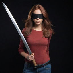 The fair-skinned Indian girl with reddish-brown hair, wearing the black eyepatch over her left eye, is now bearing a long, straight sword. Cloaked in her red, full-sleeved t-shirt and jeans, she holds firm, caught in the deep, enveloping darkness.