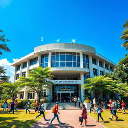 A vibrant and dynamic scene showcasing the front facade of LDKS SMK Muhammadiyah 12 in Jakarta, Indonesia