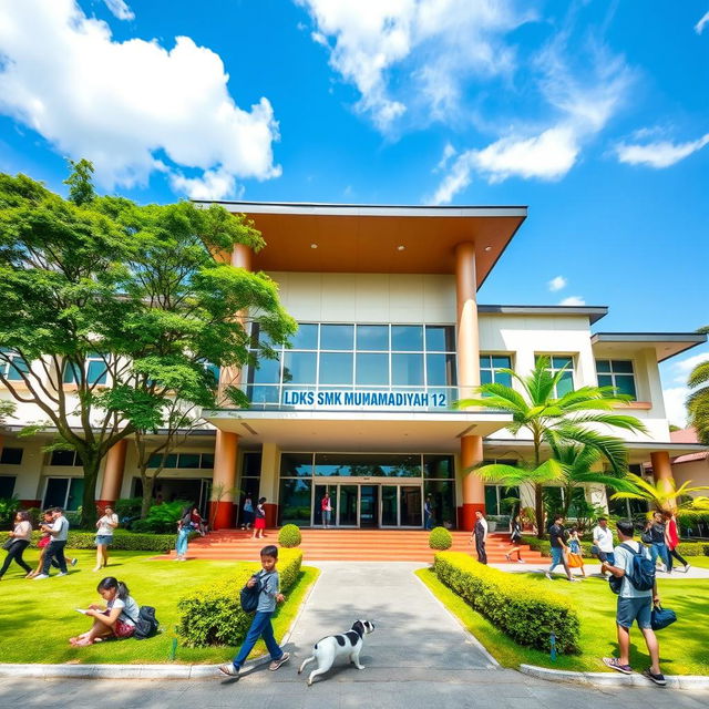 A vibrant and dynamic scene showcasing the front facade of LDKS SMK Muhammadiyah 12 in Jakarta, Indonesia