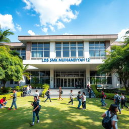 A vibrant and dynamic scene showcasing the front facade of LDKS SMK Muhammadiyah 12 in Jakarta, Indonesia