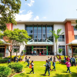 A vibrant and dynamic scene showcasing the front facade of LDKS SMK Muhammadiyah 12 in Jakarta, Indonesia