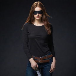 The fair-skinned Indian girl with reddish-brown hair, wearing the black eyepatch over her left eye, is now bearing a long, straight sword. Cloaked in her red, full-sleeved t-shirt and jeans, she holds firm, caught in the deep, enveloping darkness.