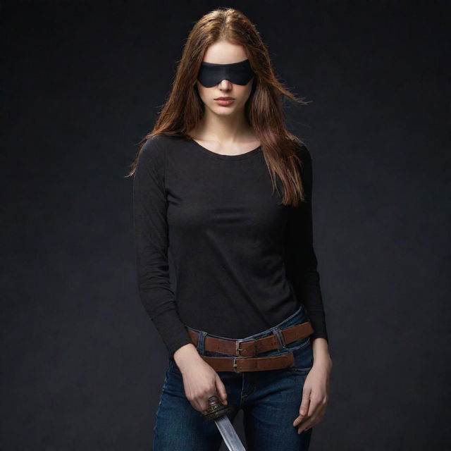 The fair-skinned Indian girl with reddish-brown hair, wearing the black eyepatch over her left eye, is now bearing a long, straight sword. Cloaked in her red, full-sleeved t-shirt and jeans, she holds firm, caught in the deep, enveloping darkness.