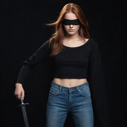 The fair-skinned Indian girl with reddish-brown hair, wearing the black eyepatch over her left eye, is now bearing a long, straight sword. Cloaked in her red, full-sleeved t-shirt and jeans, she holds firm, caught in the deep, enveloping darkness.