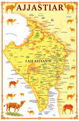 A detailed map illustration of the geography of Rajasthan, India