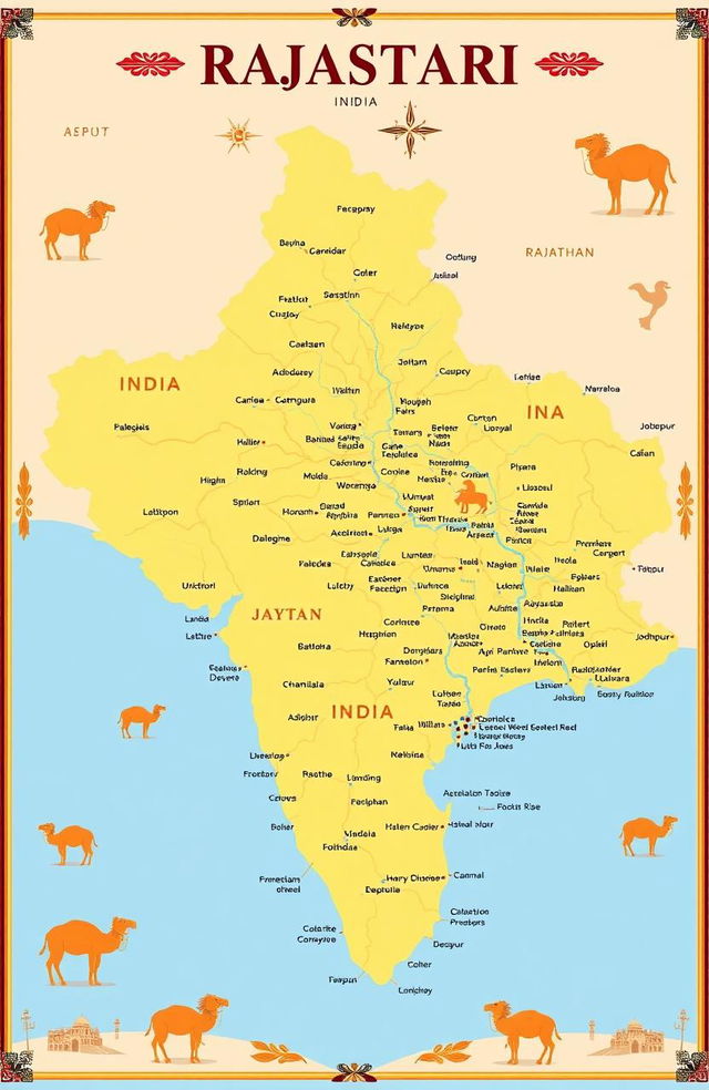 A detailed map illustration of the geography of Rajasthan, India