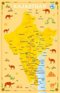 A detailed map illustration of the geography of Rajasthan, India