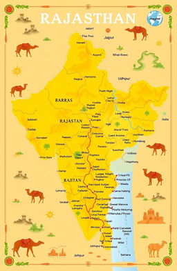 A detailed map illustration of the geography of Rajasthan, India