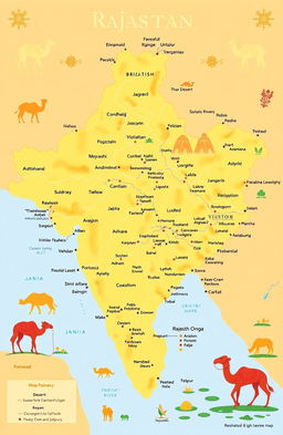 A detailed map illustration of the geography of Rajasthan, India