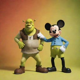 Shrek and Mickey Mouse standing side by side in a friendly pose with a cartoonish, vibrant background.