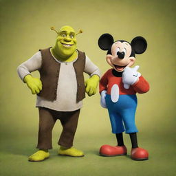 Shrek and Mickey Mouse standing side by side in a friendly pose with a cartoonish, vibrant background.