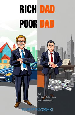 A vibrant and engaging illustration representing the key concepts of "Rich Dad Poor Dad" by Robert Kiyosaki, showcasing two contrasting figures symbolizing wealth and financial literacy