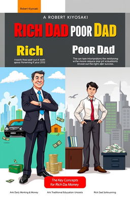 A vibrant and engaging illustration representing the key concepts of "Rich Dad Poor Dad" by Robert Kiyosaki, showcasing two contrasting figures symbolizing wealth and financial literacy