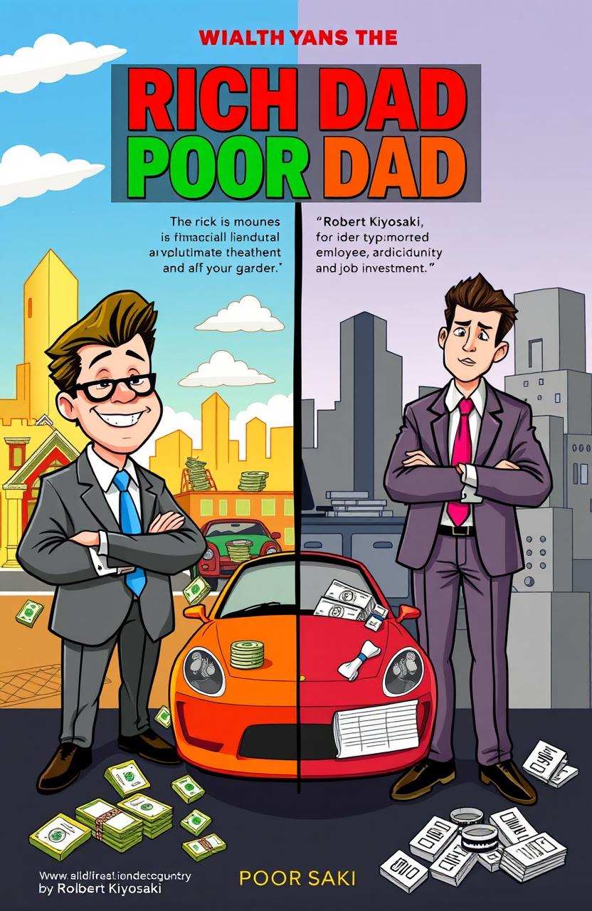 A vibrant and engaging illustration representing the key concepts of "Rich Dad Poor Dad" by Robert Kiyosaki, showcasing two contrasting figures symbolizing wealth and financial literacy