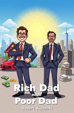 A vibrant and engaging illustration representing the key concepts of "Rich Dad Poor Dad" by Robert Kiyosaki, showcasing two contrasting figures symbolizing wealth and financial literacy