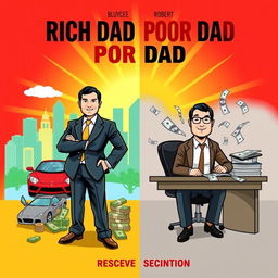 A vibrant and engaging illustration showcasing the core themes of "Rich Dad Poor Dad" by Robert Kiyosaki, highlighting the dichotomy between two central figures that embody contrasting financial philosophies