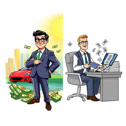 A vibrant and engaging illustration showcasing the core themes of "Rich Dad Poor Dad" by Robert Kiyosaki, highlighting the dichotomy between two central figures that embody contrasting financial philosophies