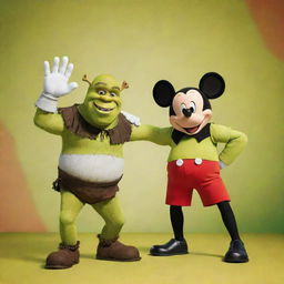 Shrek and Mickey Mouse standing side by side in a friendly pose with a cartoonish, vibrant background.