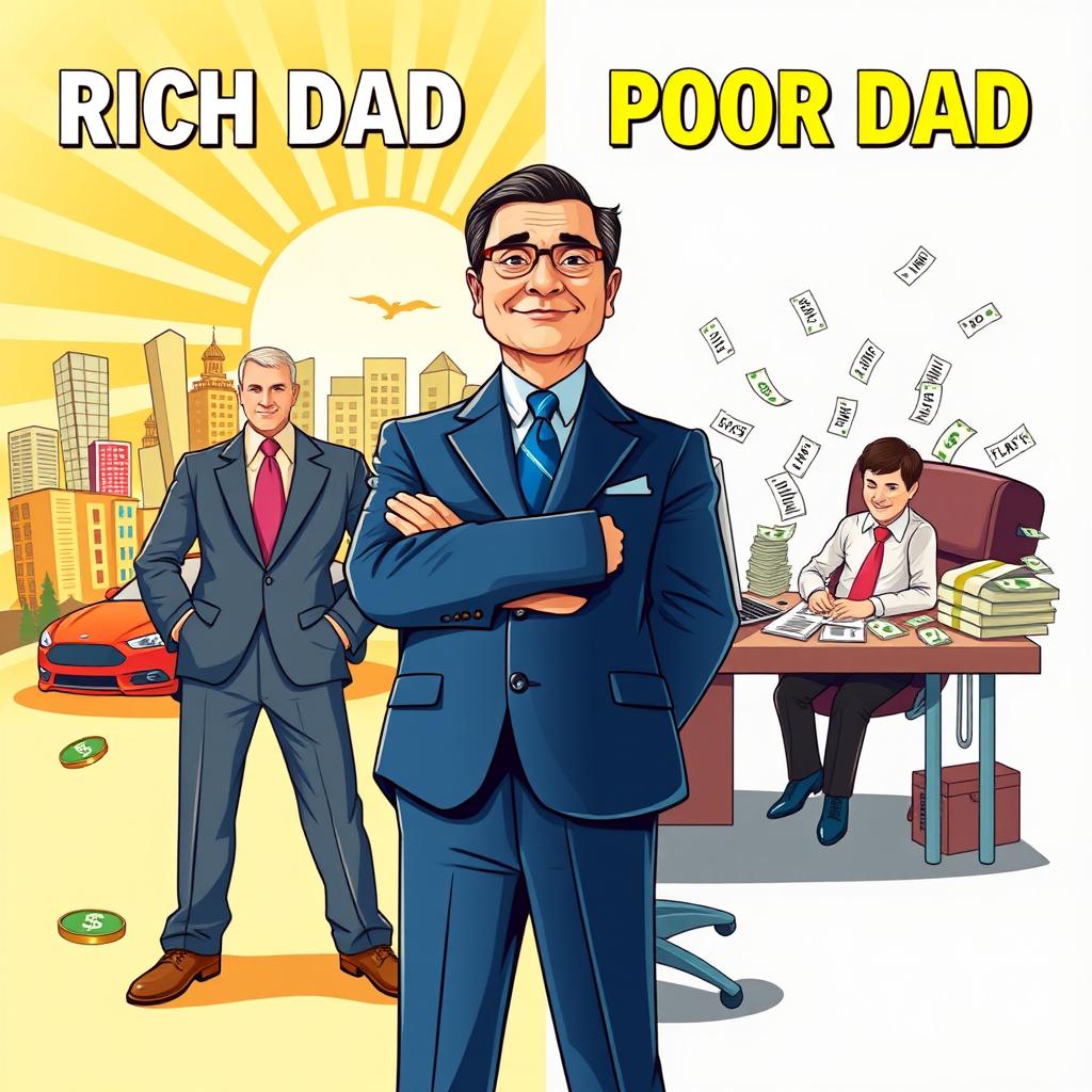 A vibrant and engaging illustration showcasing the core themes of "Rich Dad Poor Dad" by Robert Kiyosaki, highlighting the dichotomy between two central figures that embody contrasting financial philosophies