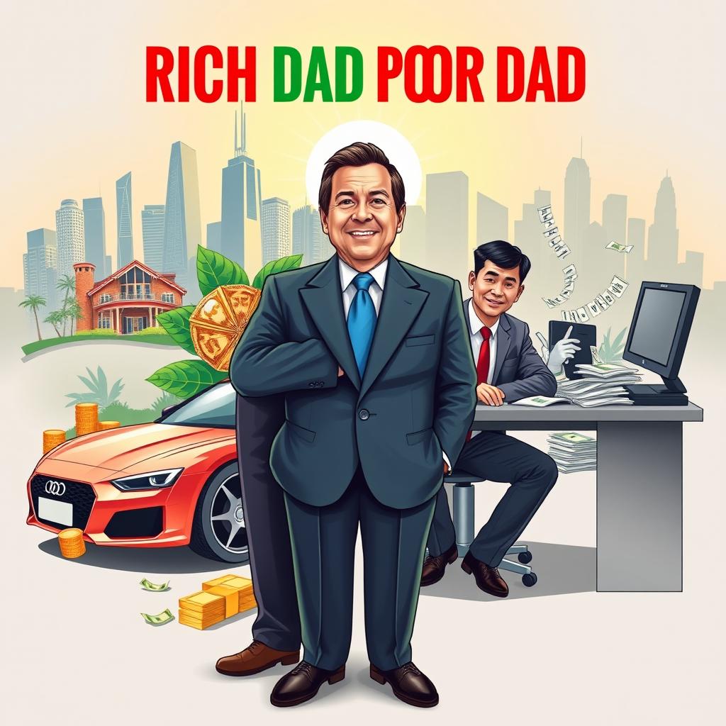 A vibrant and engaging illustration showcasing the core themes of "Rich Dad Poor Dad" by Robert Kiyosaki, highlighting the dichotomy between two central figures that embody contrasting financial philosophies